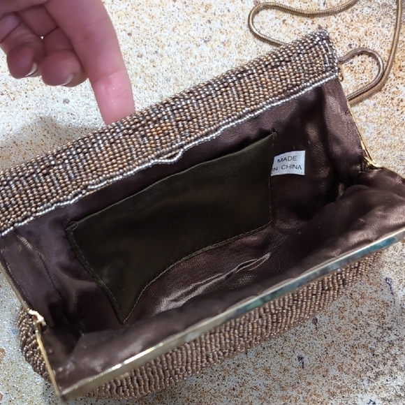 Elegant Gold Beaded Brown Clutch With Removable Shoulder Straps - Picture 2 of 7